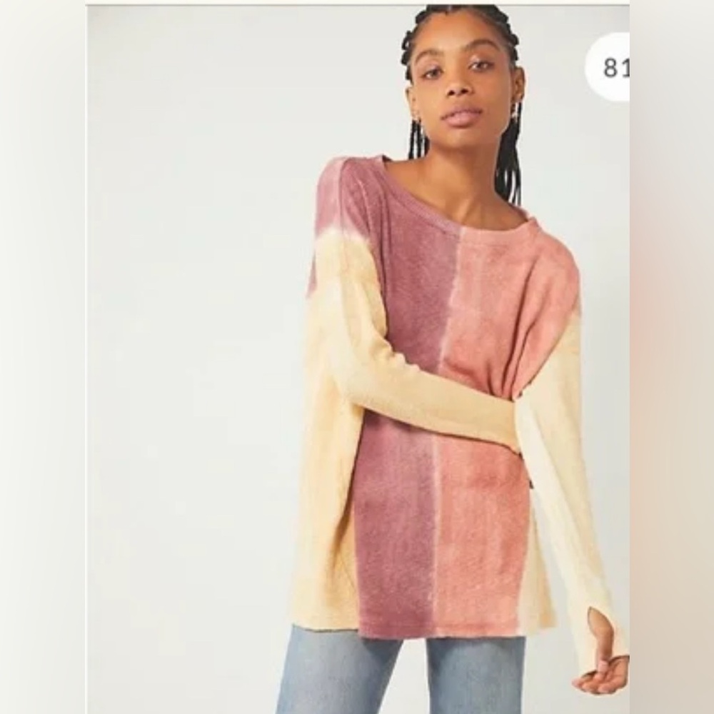 We The Free Oversized Burgundy and Cream Long Sleeve Top